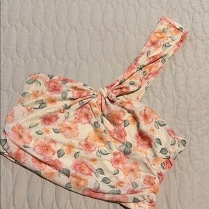 SHEIN Floral One-Shoulder Crop Top - Cream and Pink